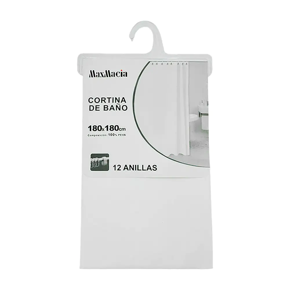 Cortina lisa para baño de plástico en color blanco con 12 ganchos, 18…