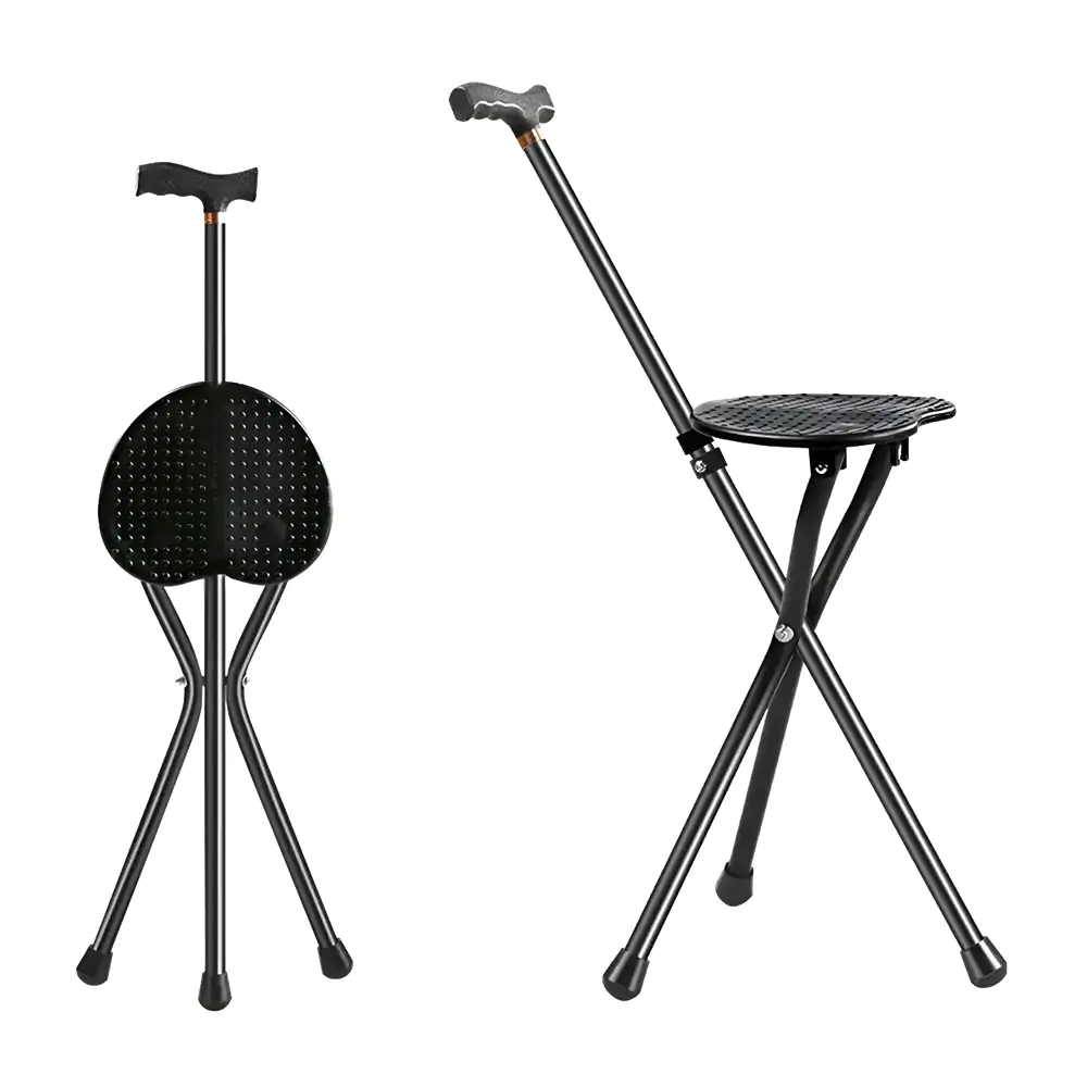 Baston metalico de 87cm de alto con mango ergonómico + banco plegable