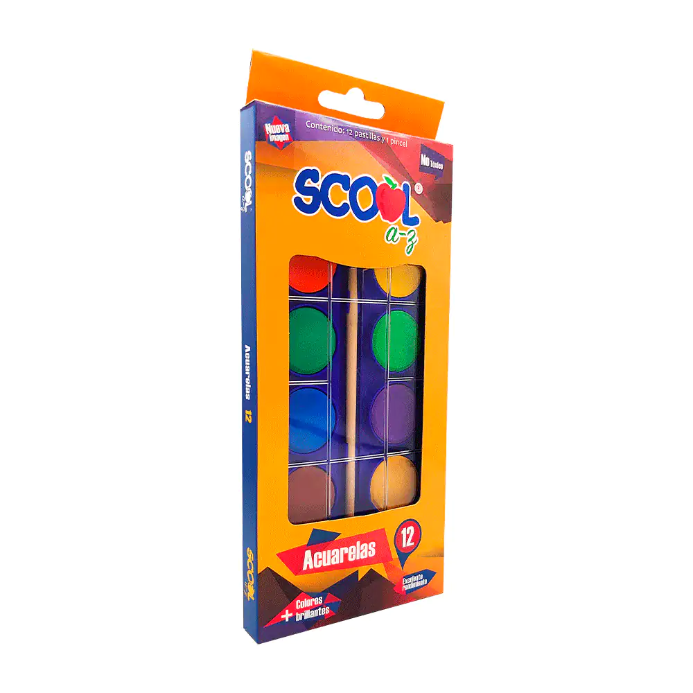 Estuche con 12 acuarelas redondas scool de diferentes colores + pince…