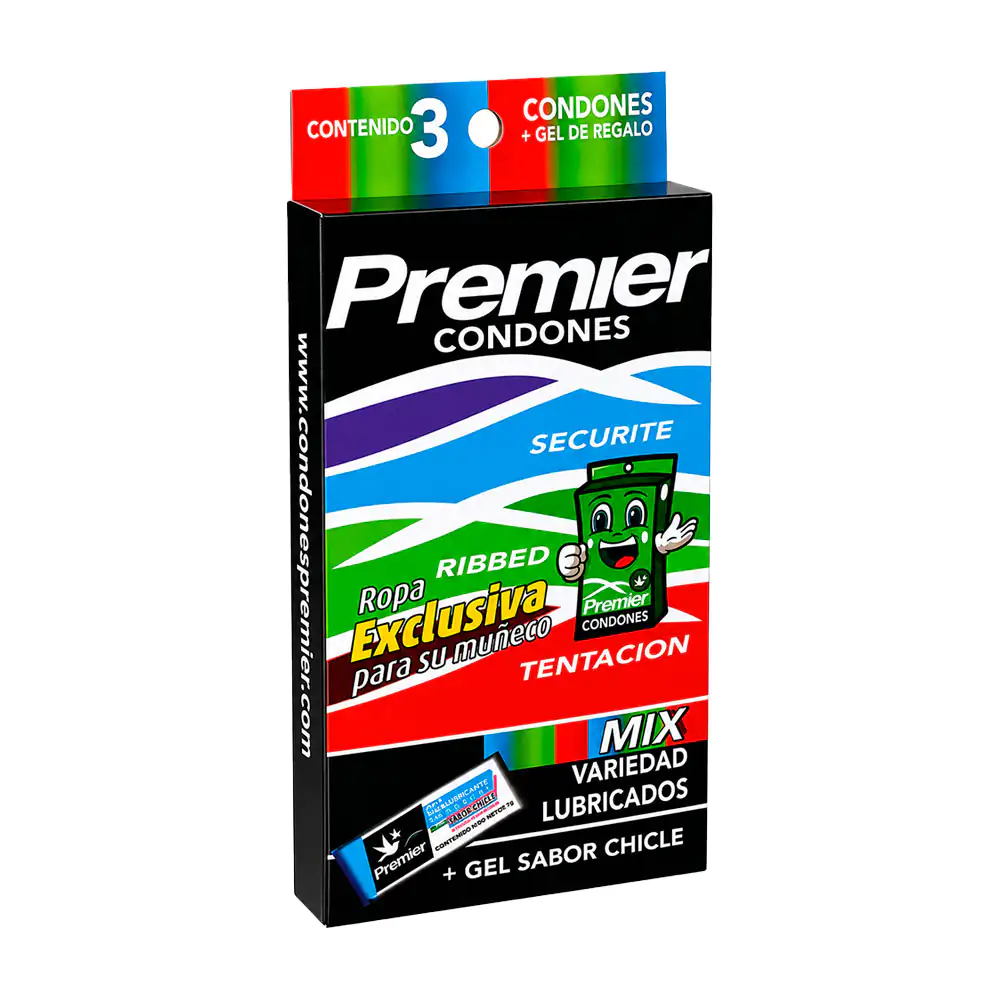 Paquete con 3 condones premier tentación mix + gel lubricante sabor c…