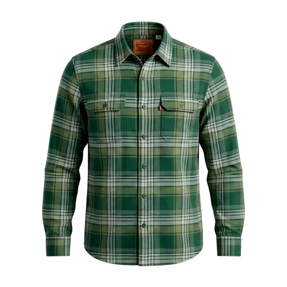 Camisa levis original de franela, tonos verdes, manga larga, bolsillo…