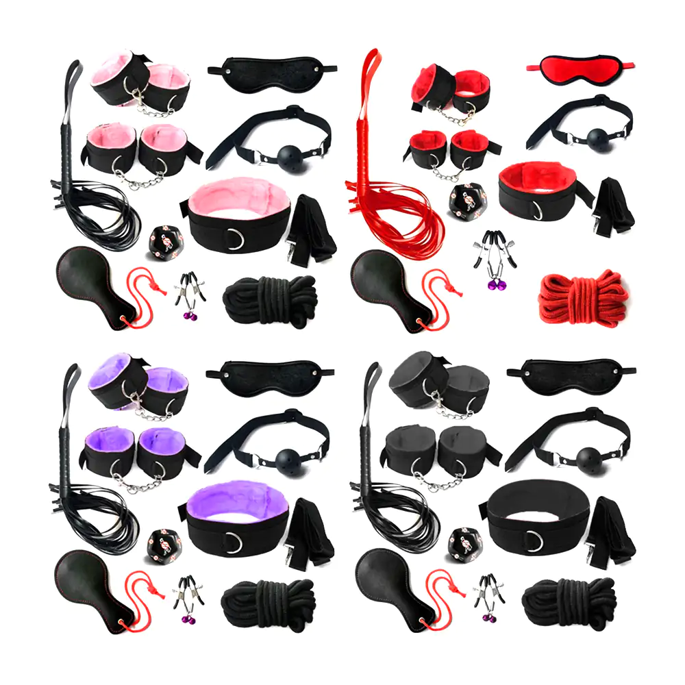 Kit bondage de cuero con peluche, pezoneras con cascabel + dado de po…