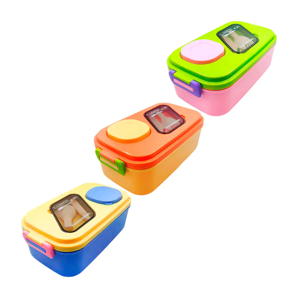 Tupper rectangular con 2 divisiones, 1 mini recipiente + cuchara pleg…