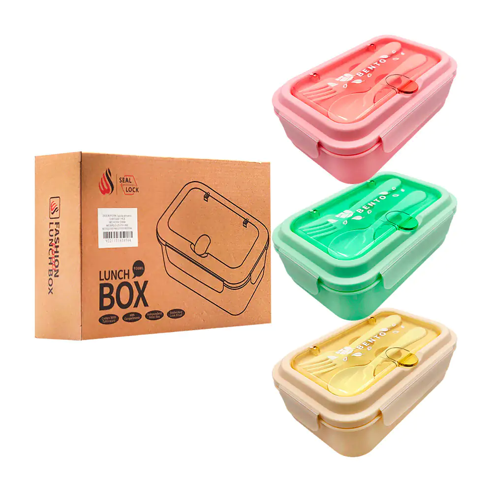 Tupper rectangular con base de 3 divisiones removibles + cubiertos / …