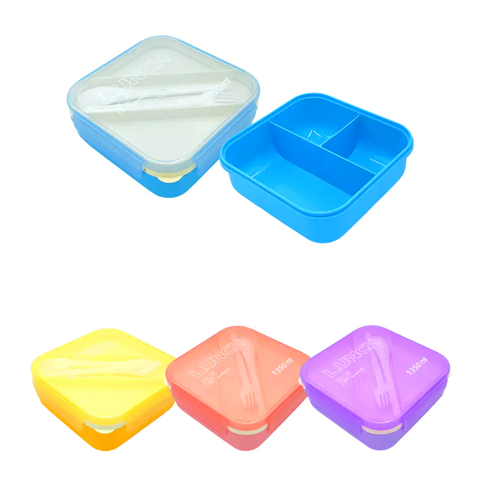 Tupper cuadrado con 5 compartimentos + cuchara y tenedor, 1350ml, var…