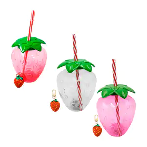 Vaso pequeño rosa translúcido con forma de fresa + popote y llavero, …