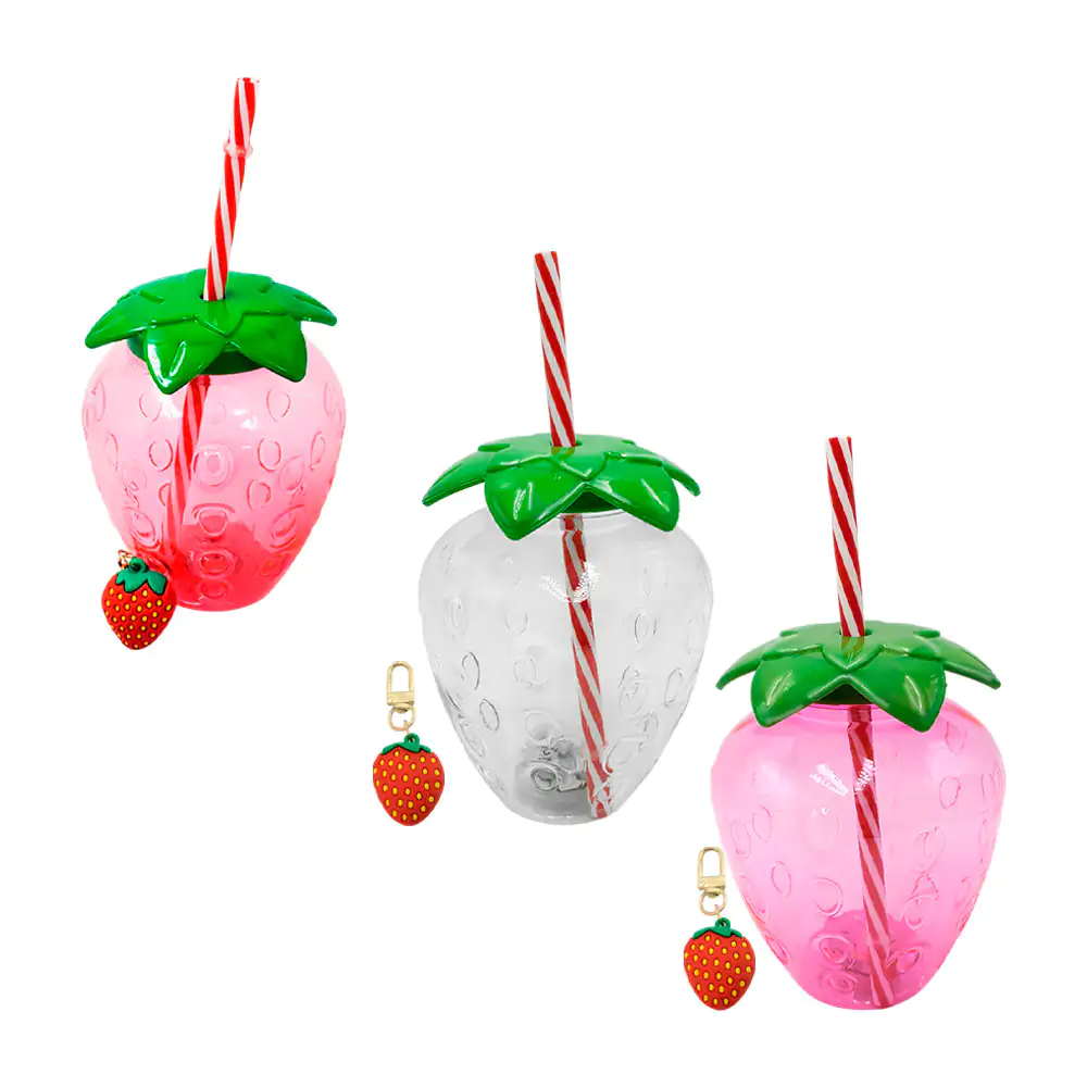 Vaso pequeño rosa translúcido con forma de fresa + popote y llavero, …
