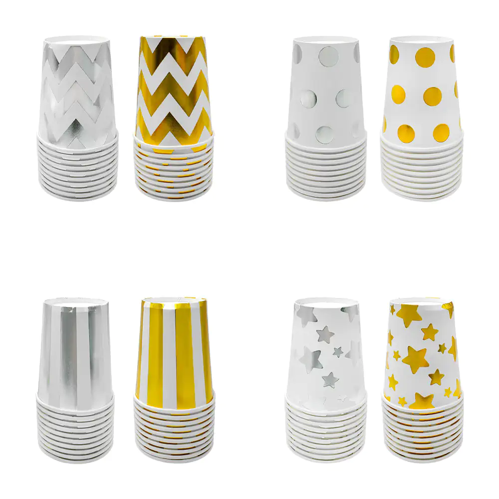 Paquete con 10 vasos desechables con estampado metálico, variedad de modelos