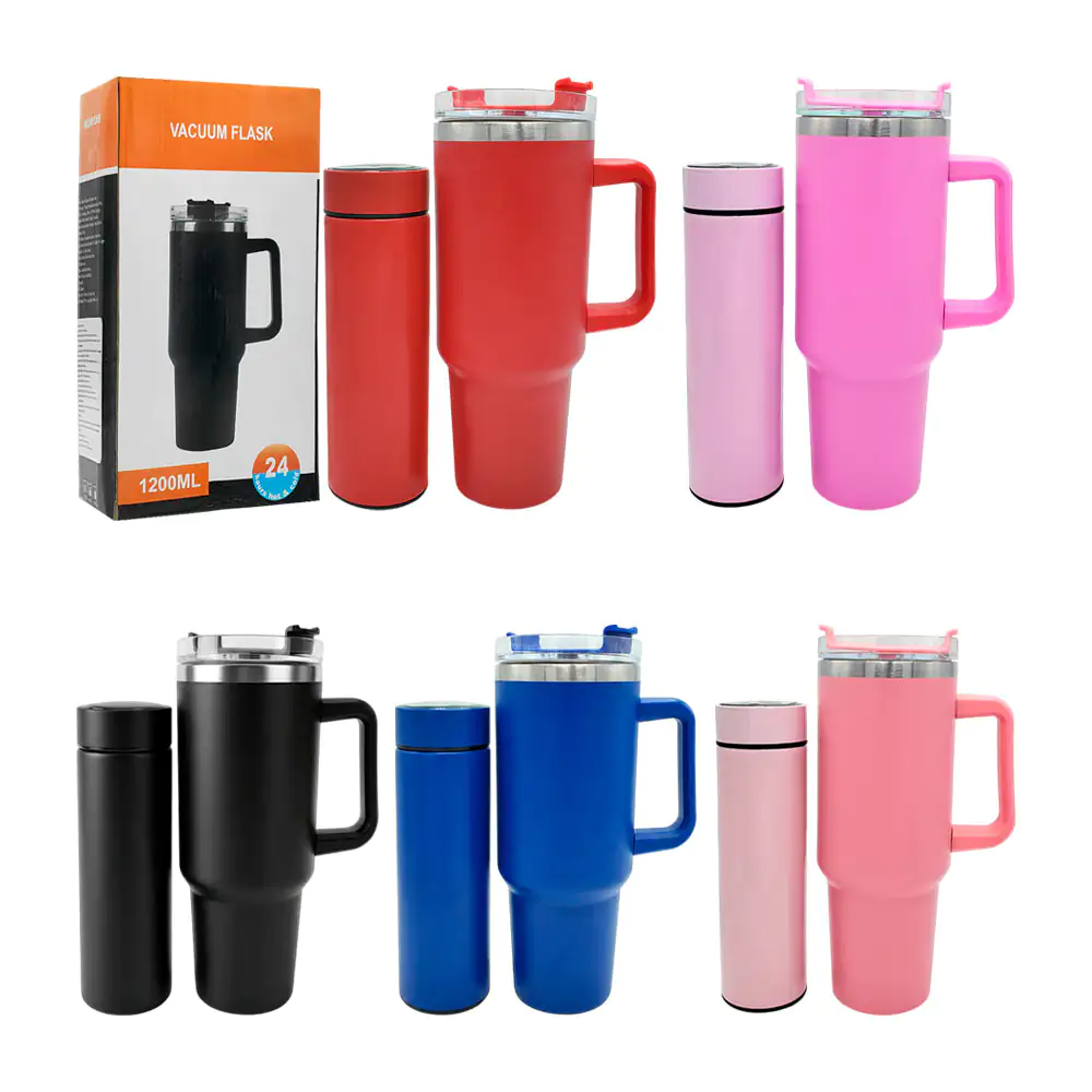 Paquete con vaso tipo termo liso de 1200ml y termo con medidor de temperatura 