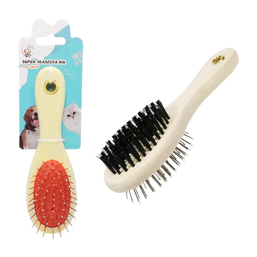 Cepillo doble de madera para mascota con cerdas metálicas y suaves / …