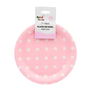 Paquete con 10 platos redondos de papel en color rosa con lunares bla…