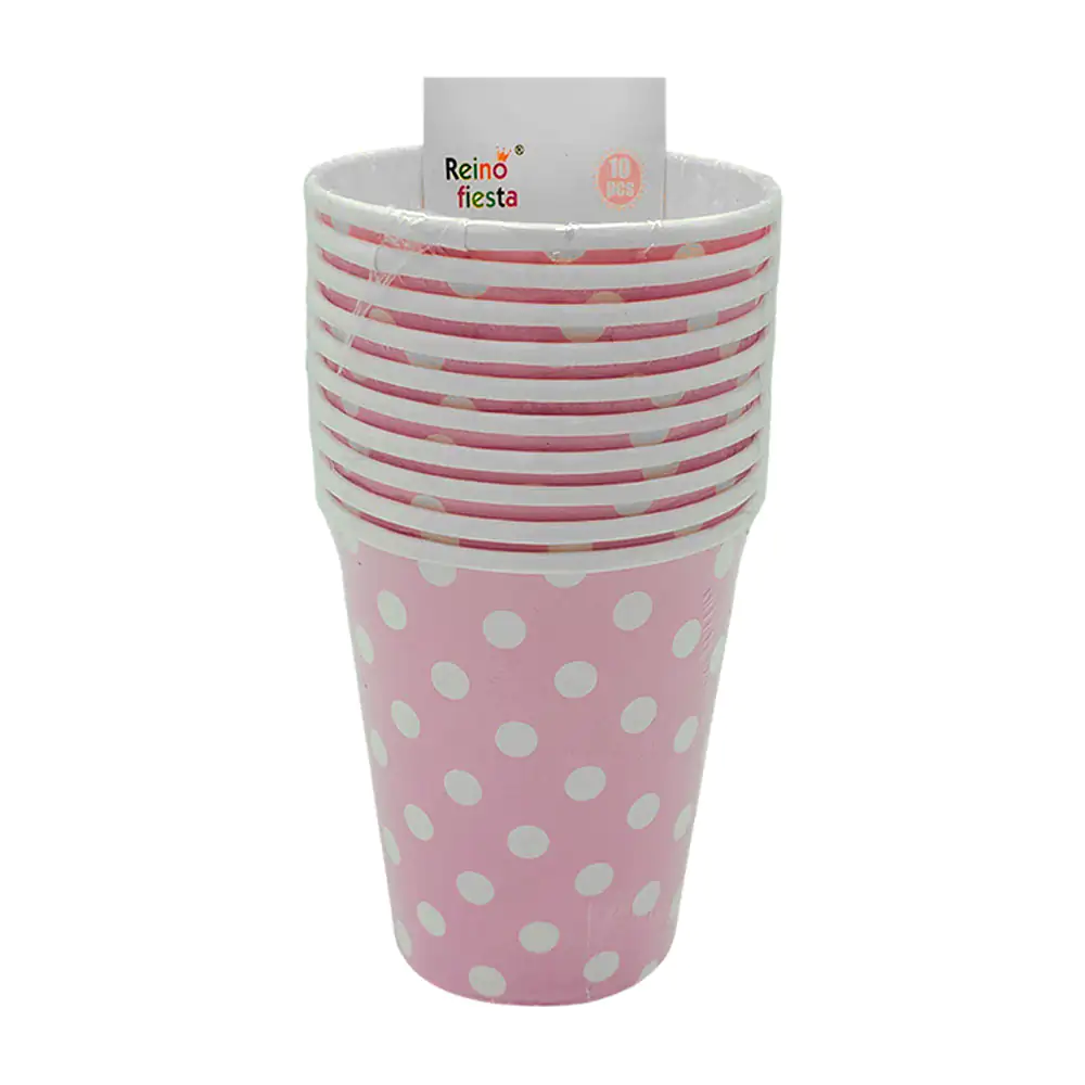 Paquete con 10 vasos de papel reino fiesta, color rosa con lunares bl…