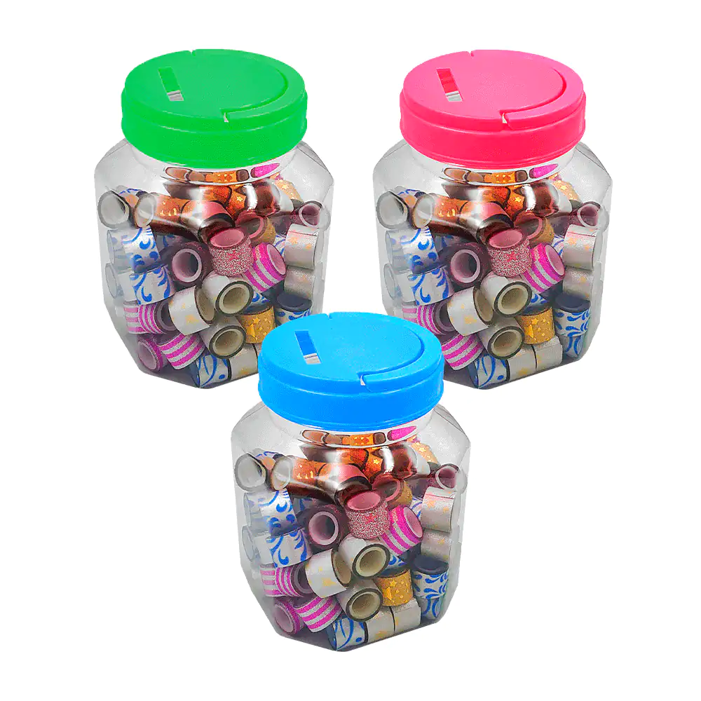 Bote tipo alcancía con aprox 90 mini cintas decorativas, variedad de …