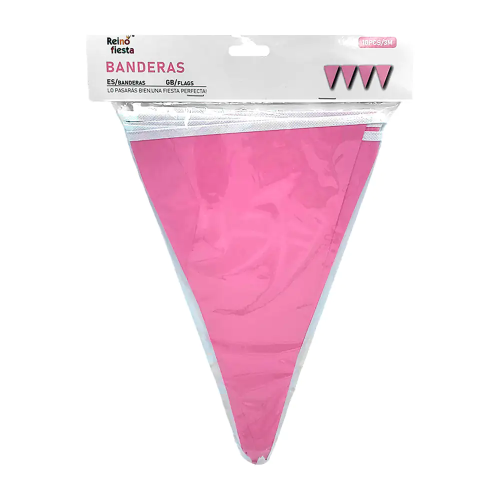 Banner banderín triangular reino fiesta con 10pz en color rosa y dise…