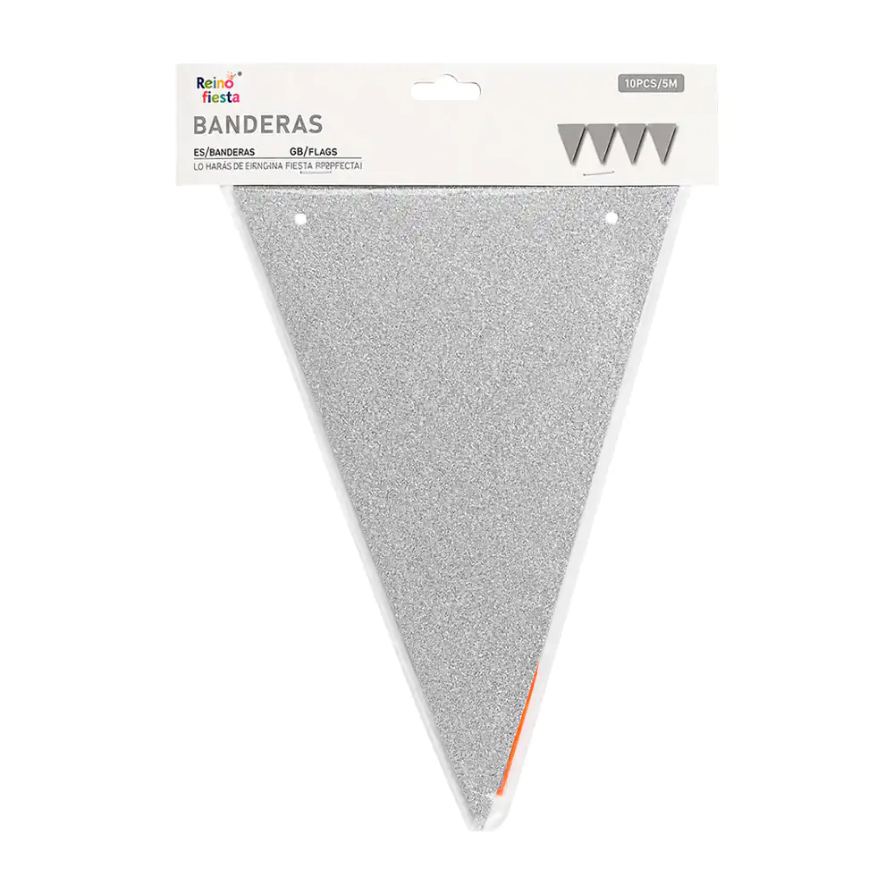 Banner banderín triangular con 10pz en color plateado y con brillanti…