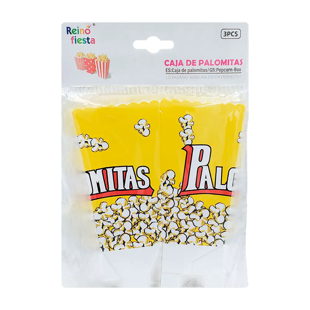 Paquete con 3 cajas palomeras con estampado de palomitas, 7x6.5x11.5cm