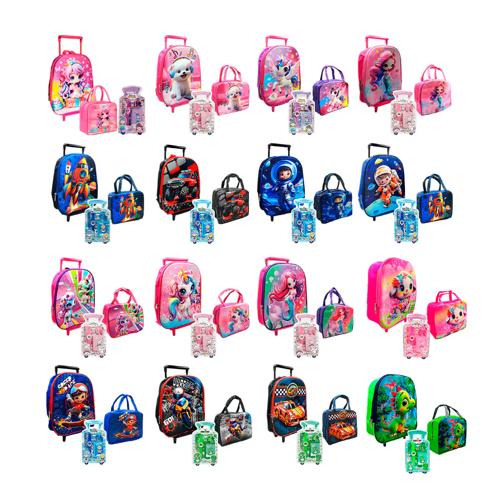 Mochila con ruedas y relieve 3d + lonchera y útiles escolares, varied…