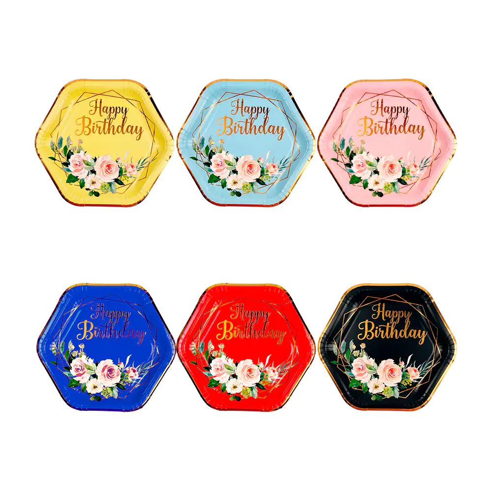 Plato hexagonal semi hondo con estampado de feliz cumpleaños variedad…