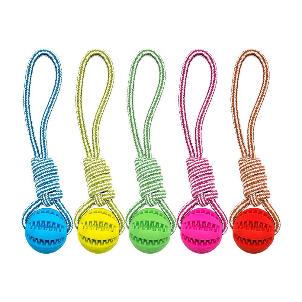 Juguete de cuerda resistente bicolor para mascota con pelota de silic…