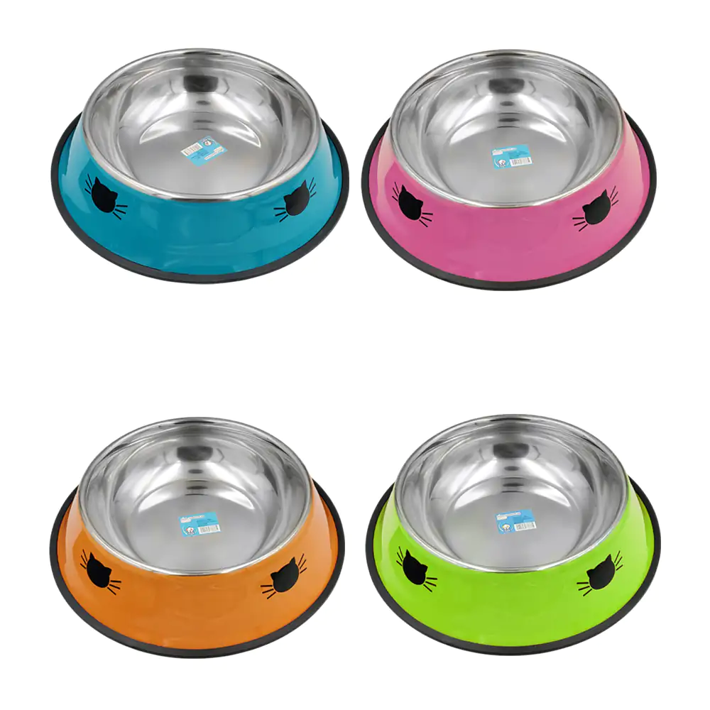 Tazón individual metalico para mascota con diseño de gatos y base ant…