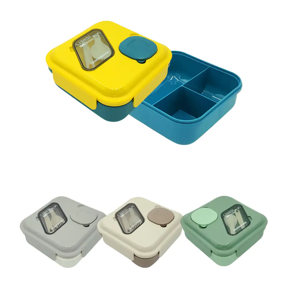 Tupper cuadrado con 3 divisiones + 1 mini recipiente y cuchara plegab…
