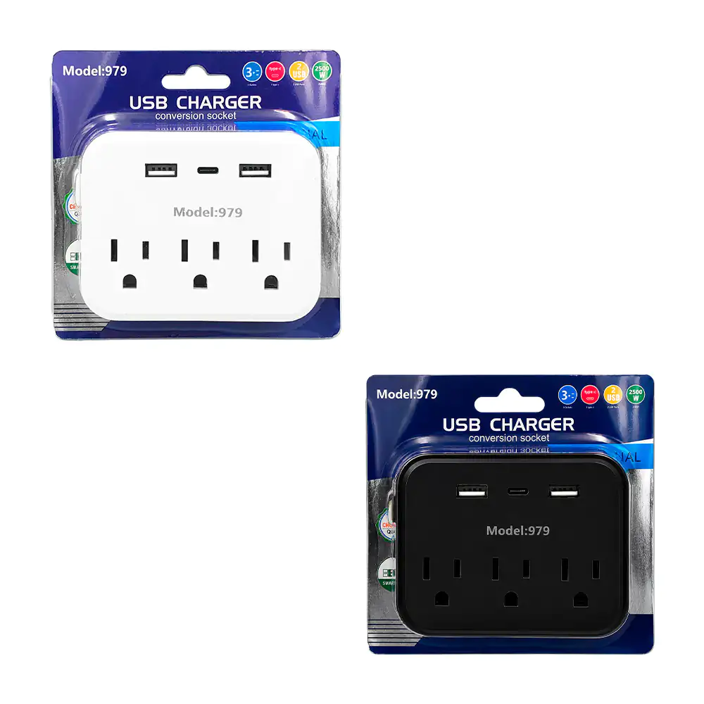 Enchufe multicontacto cuadrado con 3 enchufes, 2 entrada usb + 1 tipo…