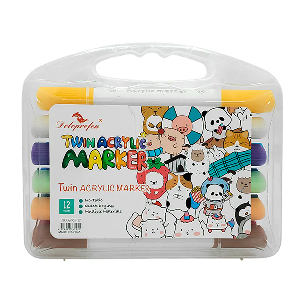 Estuche con 12 plumones / marcadores acrílicos de doble punta, varied…