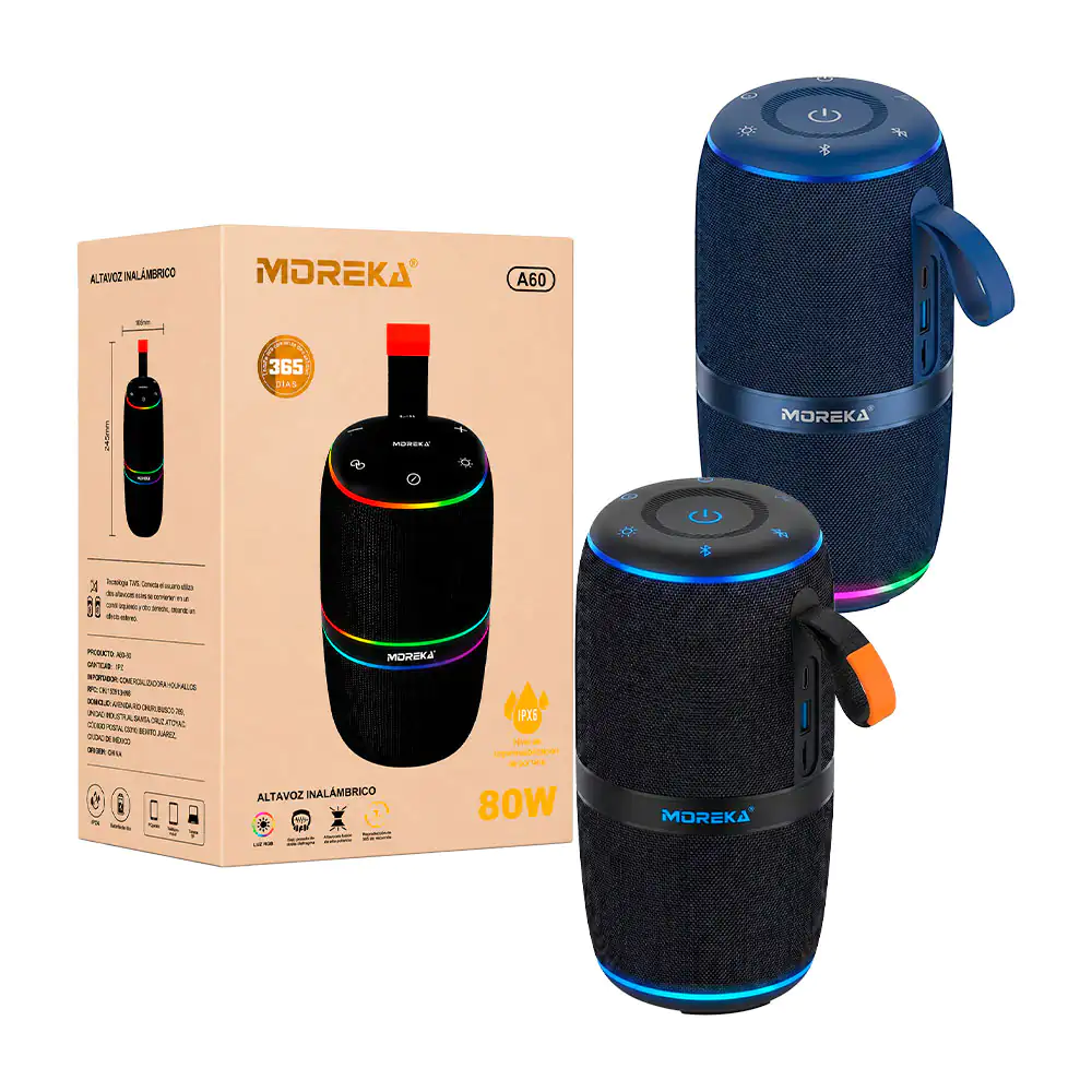 Bocina cilíndrica inalámbrica con luz rgb, altavoces duales y asa, 80…