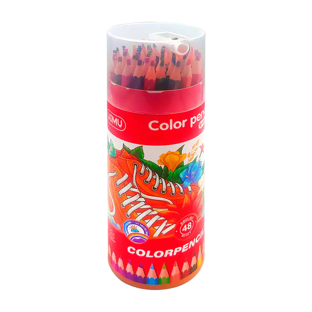 Bote con 48 colores de madera escolares + tapa con sacapuntas / color…