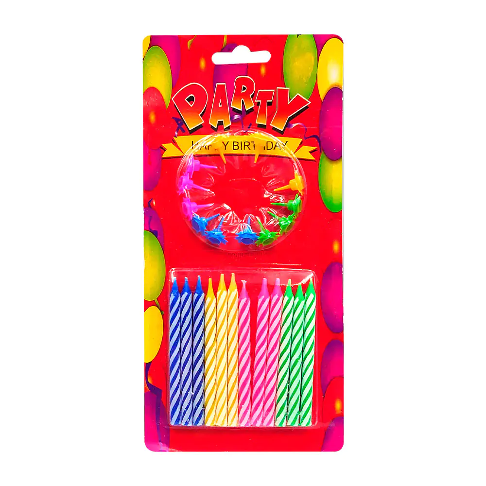 Blíster con 12 velas con base para pastel, variedad de colores