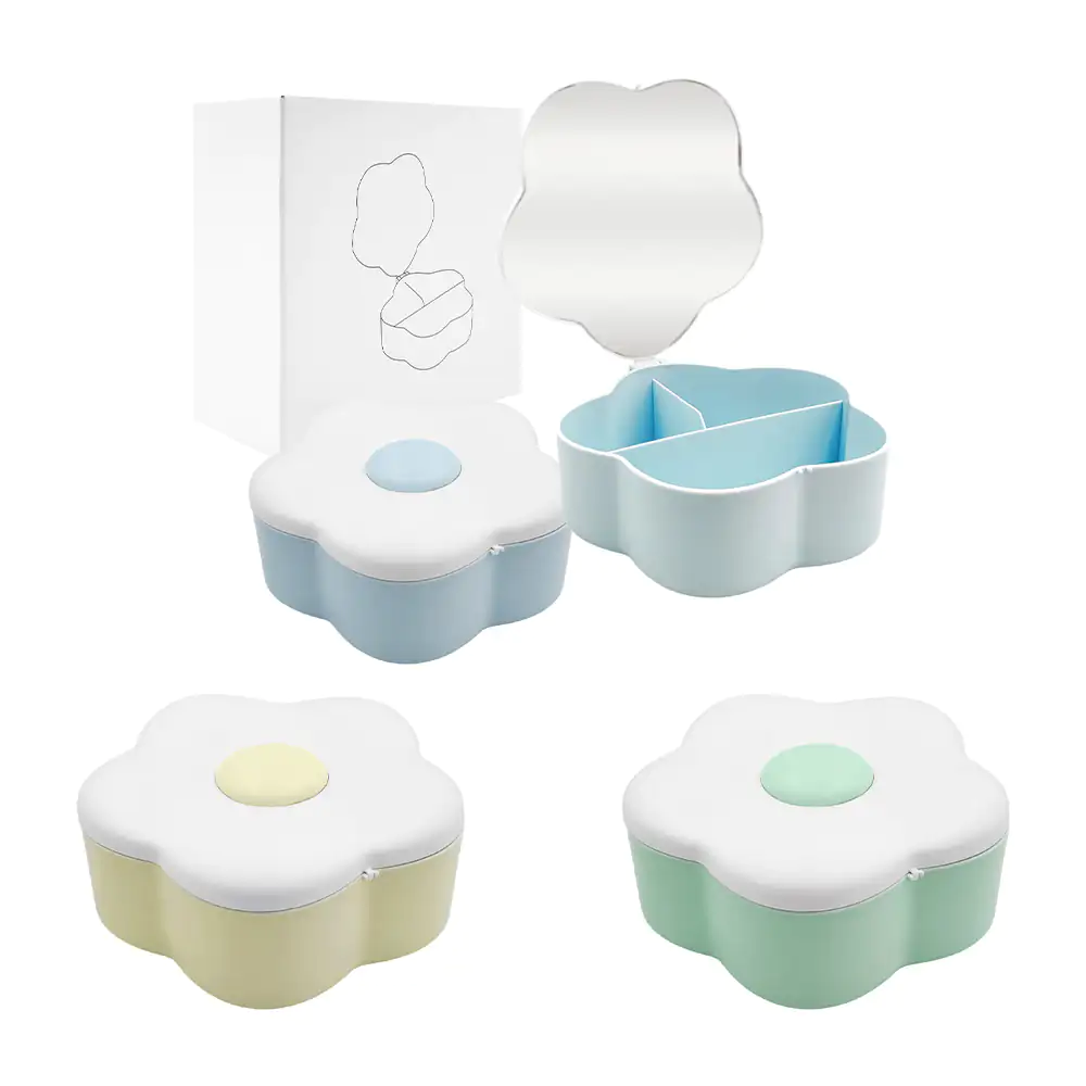 Espejo - joyero de plástico bicolor en forma de flor con 3 compartime…