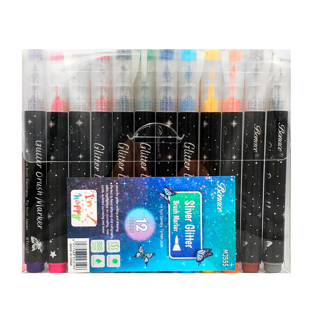 Paquete con 12 plumones, punta pincel, acrilico con glitter, variedad…