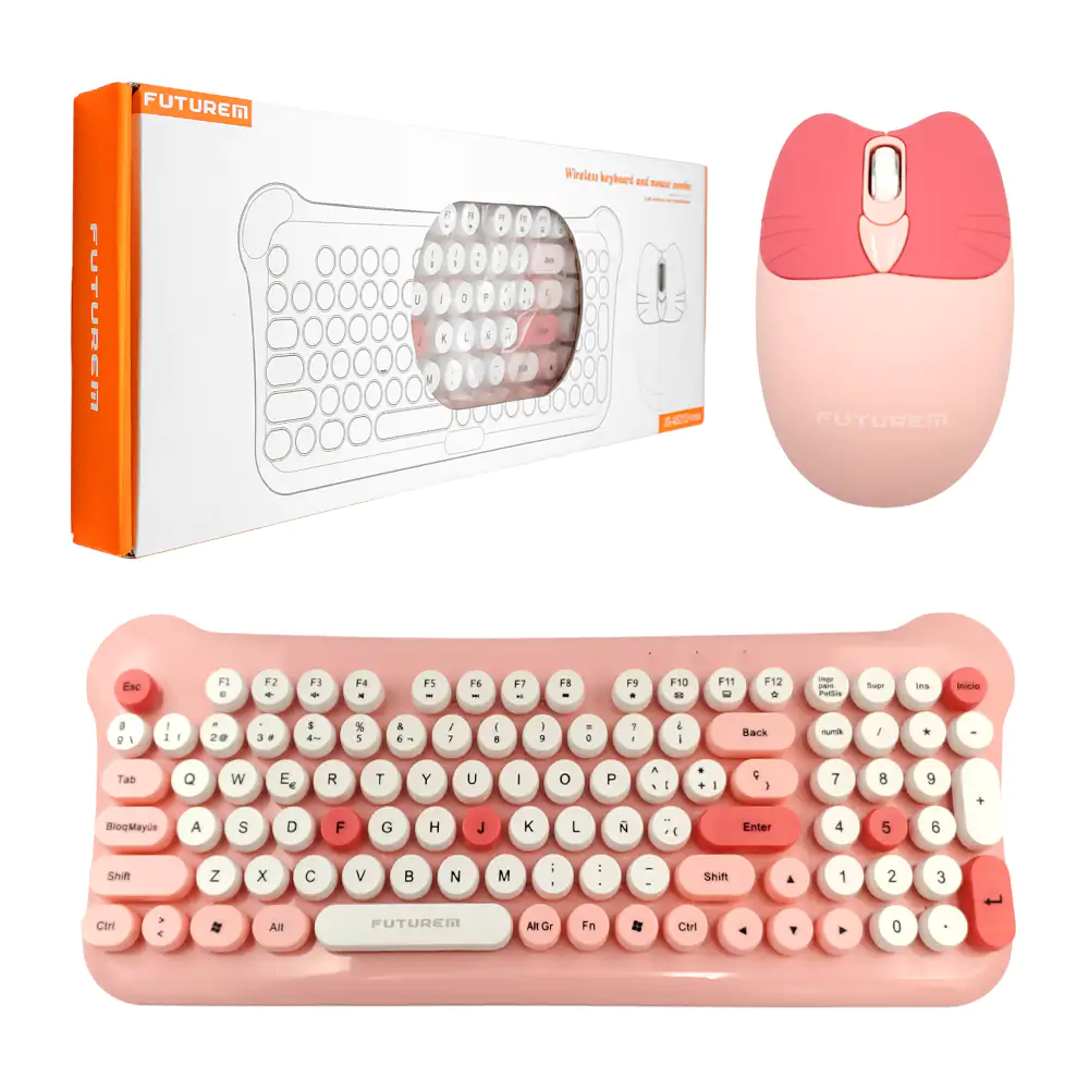 Combo de teclado y mouse inalámbrico futurem en color rosa, teclas me…