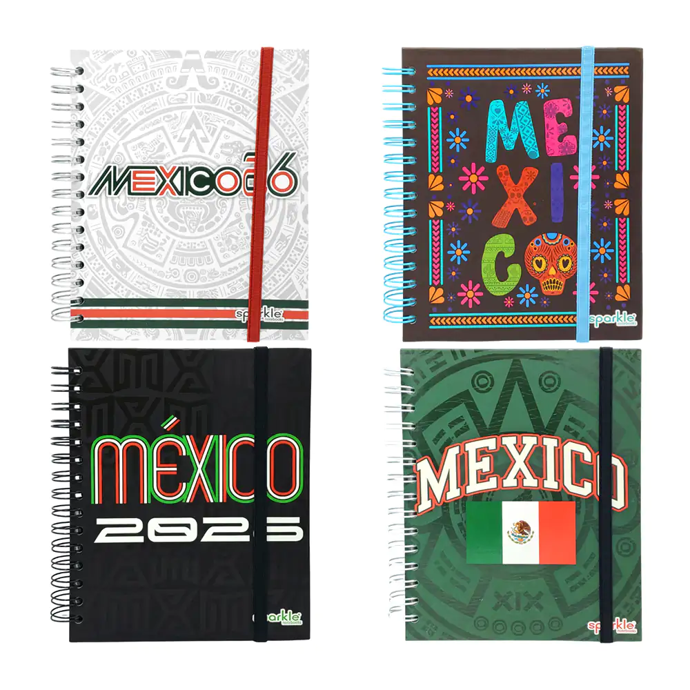 Libreta sparkle pasta dura con doble espiral metálico, estampado méxi…