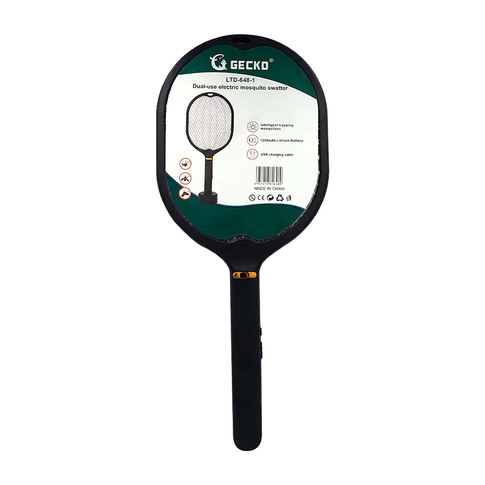 Raqueta eléctrica gecko recargable mata mosquitos con base y luz azul