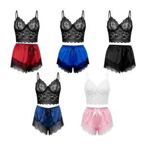 Ropa interior conjunto 2 piezas short metálico con encaje y blusa de …