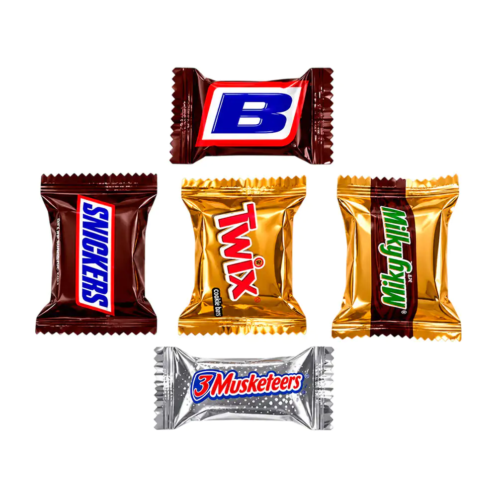 1pz mini chocolate snickers, twix, miky way, musketeers con o sin rel…