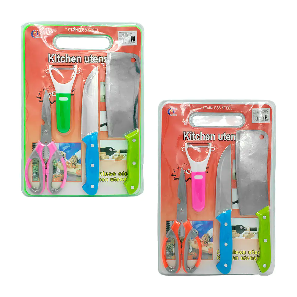 Blíster con 4 utensilios para cocina con 2 cuchillos, pelador y tijer…