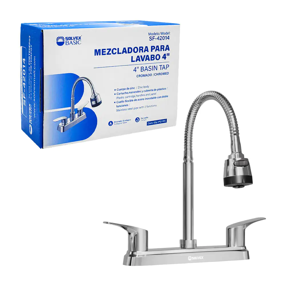Llave mezcladora para el lavabo, 4in, zinc flexible cromado, 2 salidas de agua