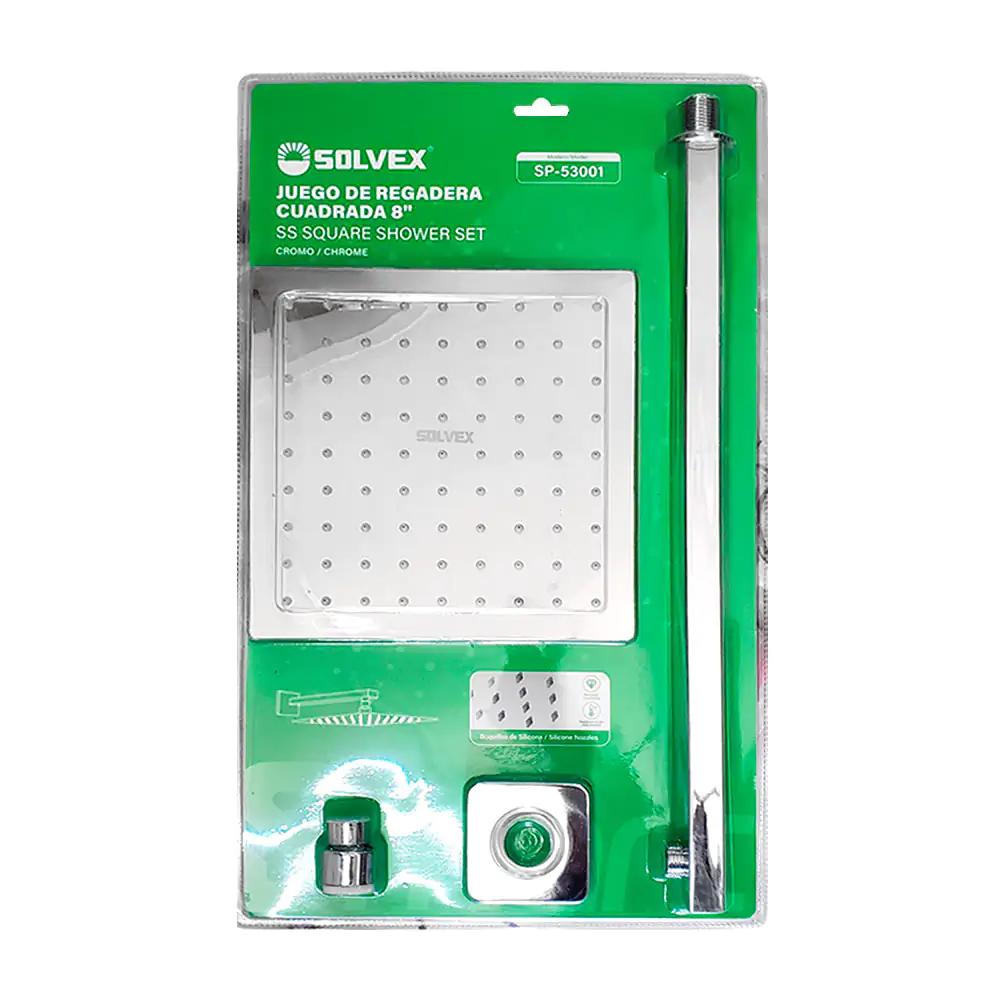 Juego de regadera solvex, cuadrada cromada + tubo de 40cm / sp-53001