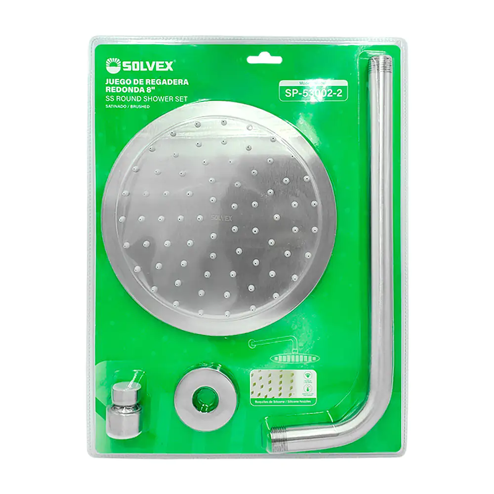 Juego de regadera solvex, 8in redonda satinada + tubo de 30cm / sp-53002-2