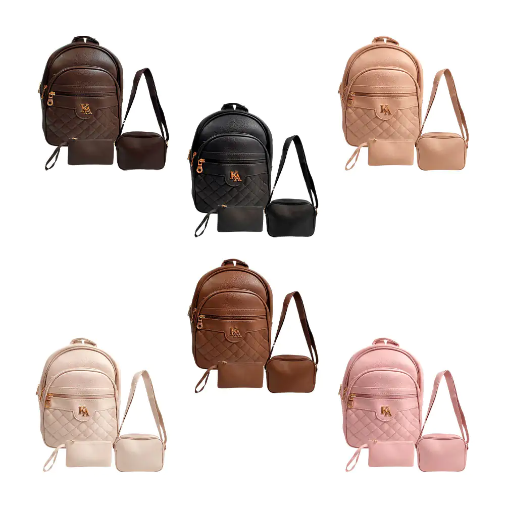 Set de mochila tipo piel kamel reina con diseño capitonado + crossbod…