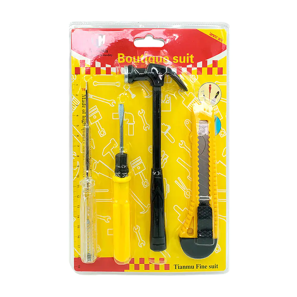 Blíster con martillo, cutter, probador de voltaje y desarmador plano …