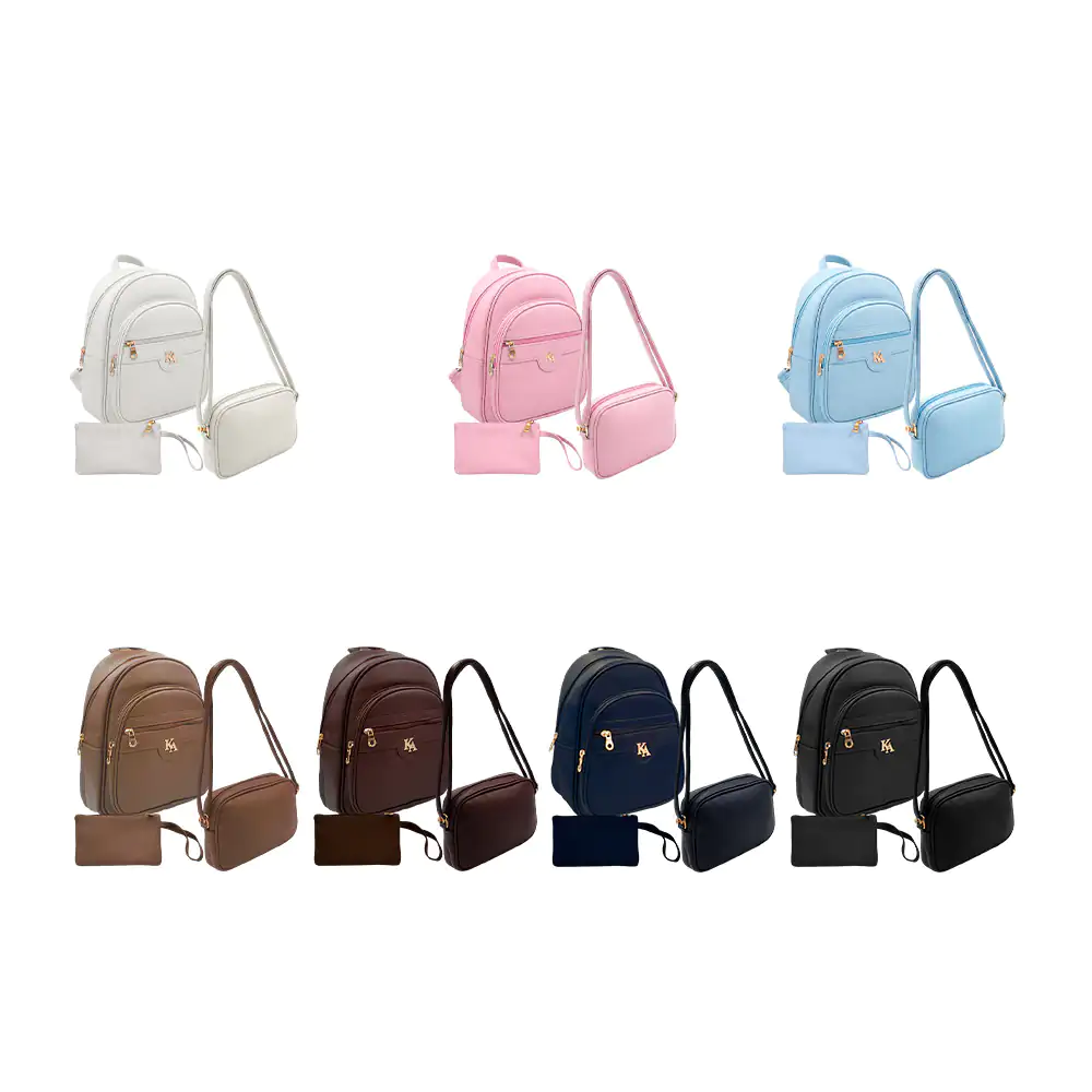 Set de mochila, crossbody y monedero tipo piel kamel reina con detall…