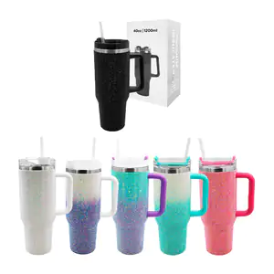 Vaso tipo termo de 40oz liso adiamantado con agarradera + popote, var…