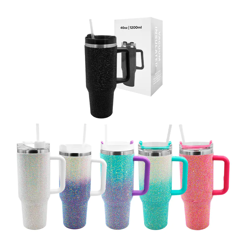 Vaso tipo termo de 40oz liso adiamantado con agarradera + popote, var…