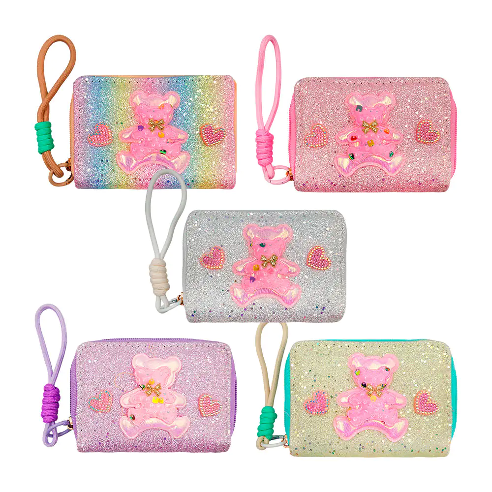 Monedero - cartera con figura de oso y 2 corazones de pedrería + asa,…
