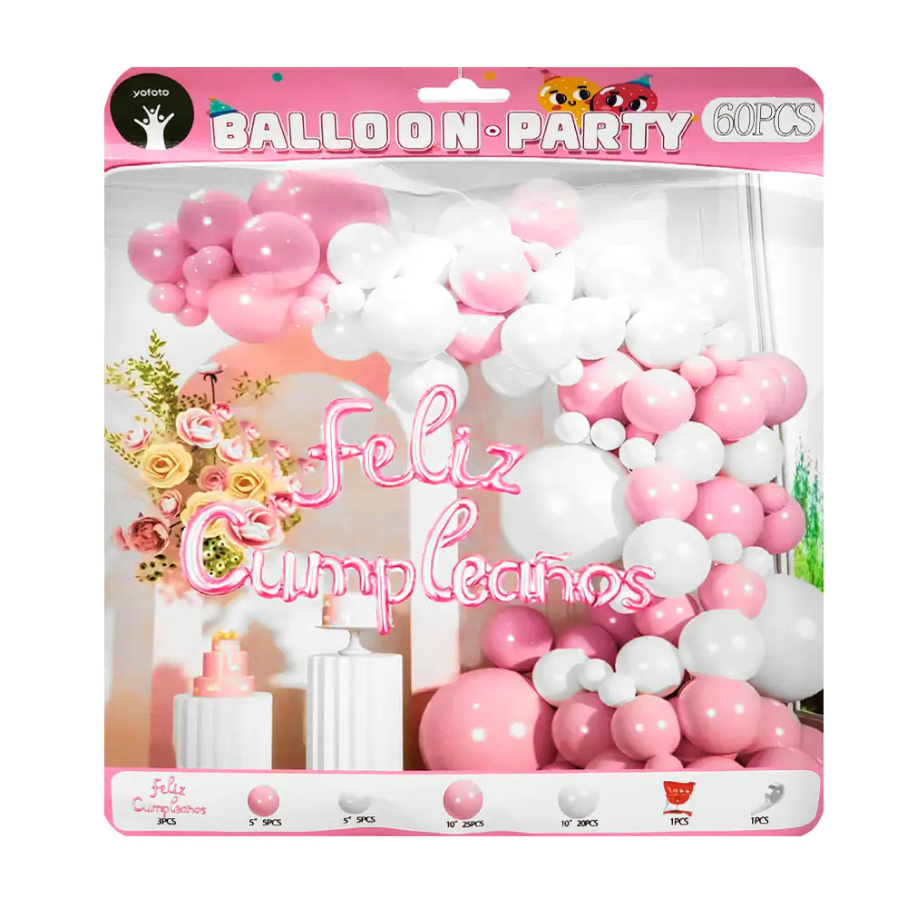 Set decorativo de 60pz en tono rosa y blanco con globo metálico feliz…