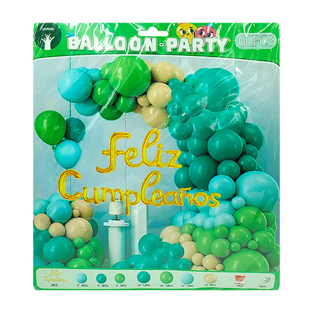 Set decorativo de 60pz en tonos verde y azul con globo dorado feliz c…