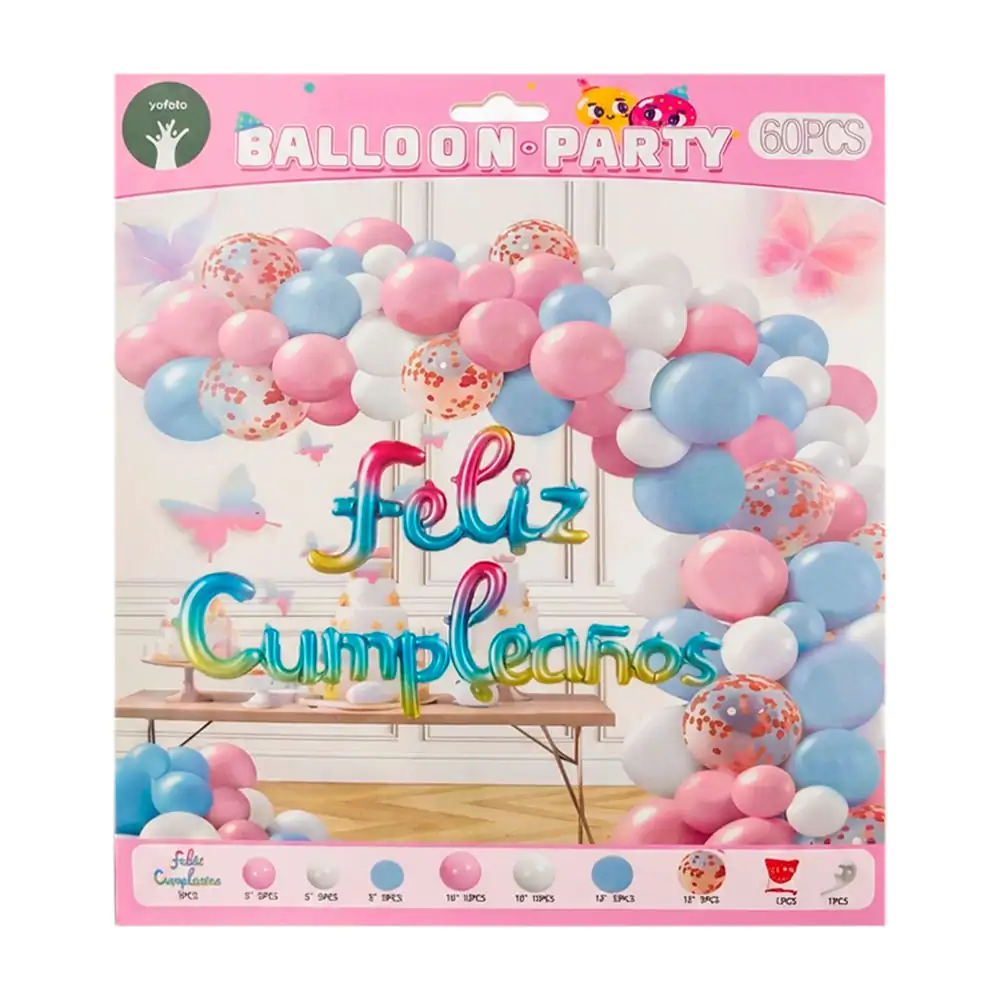 Set decorativo de 60pz en tonos rosa, blanco y azul con globo feliz c…